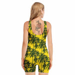 Yellow Palm Tree Pattern Print Sleeveless One Piece Swimsuit