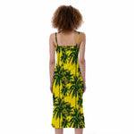 Yellow Palm Tree Pattern Print Slim Fit Midi Cami Dress