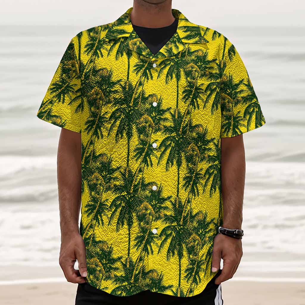 Yellow Palm Tree Pattern Print Textured Short Sleeve Shirt