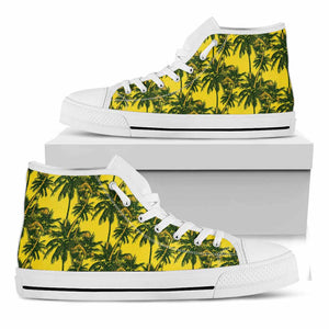 Yellow Palm Tree Pattern Print White High Top Sneakers