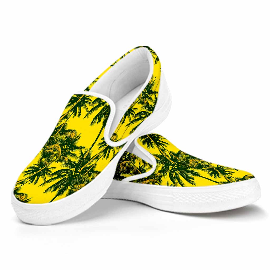 Yellow Palm Tree Pattern Print White Slip On Sneakers