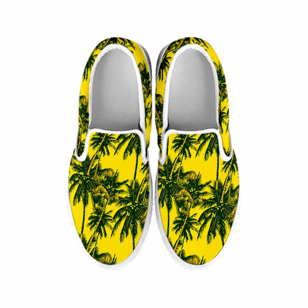 Yellow Palm Tree Pattern Print White Slip On Sneakers