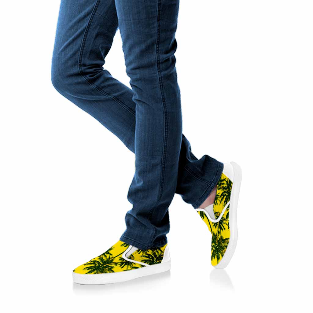 Yellow Palm Tree Pattern Print White Slip On Sneakers