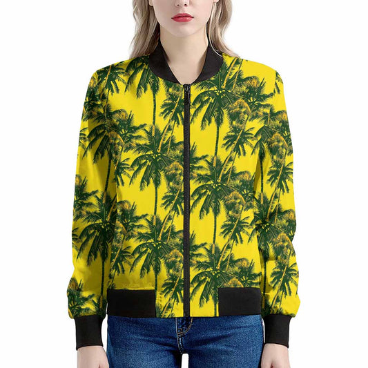 Yellow Palm Tree Pattern Print Women's Bomber Jacket