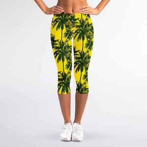 Yellow Palm Tree Pattern Print Women's Capri Leggings