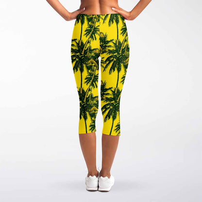 Yellow Palm Tree Pattern Print Women's Capri Leggings