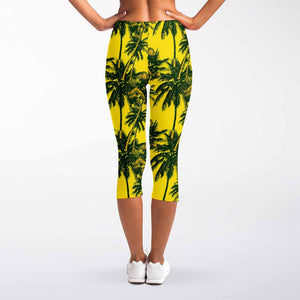 Yellow Palm Tree Pattern Print Women's Capri Leggings