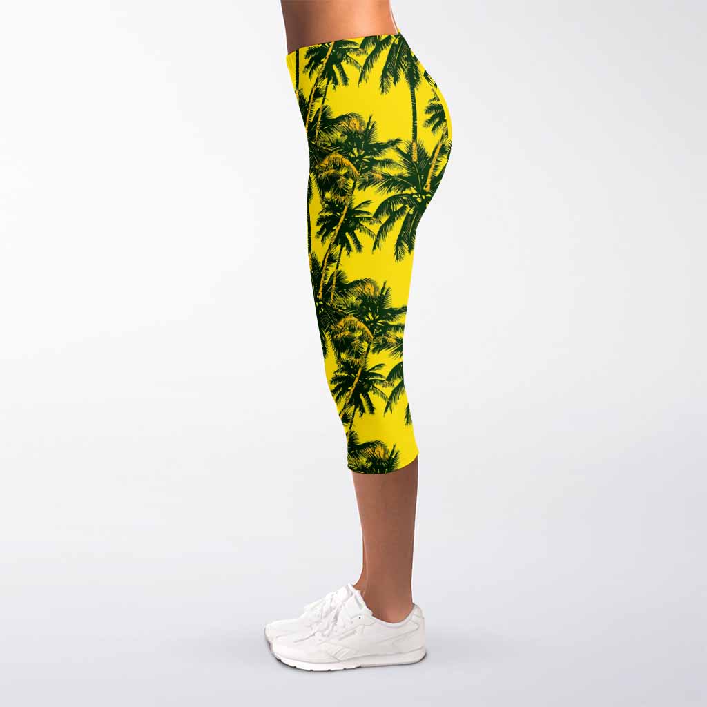 Yellow Palm Tree Pattern Print Women's Capri Leggings
