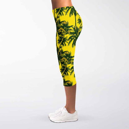 Yellow Palm Tree Pattern Print Women's Capri Leggings