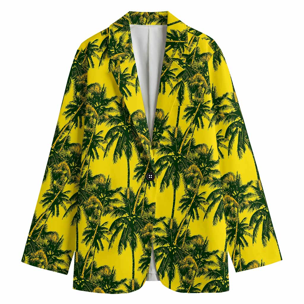 Yellow Palm Tree Pattern Print Women's Cotton Blazer