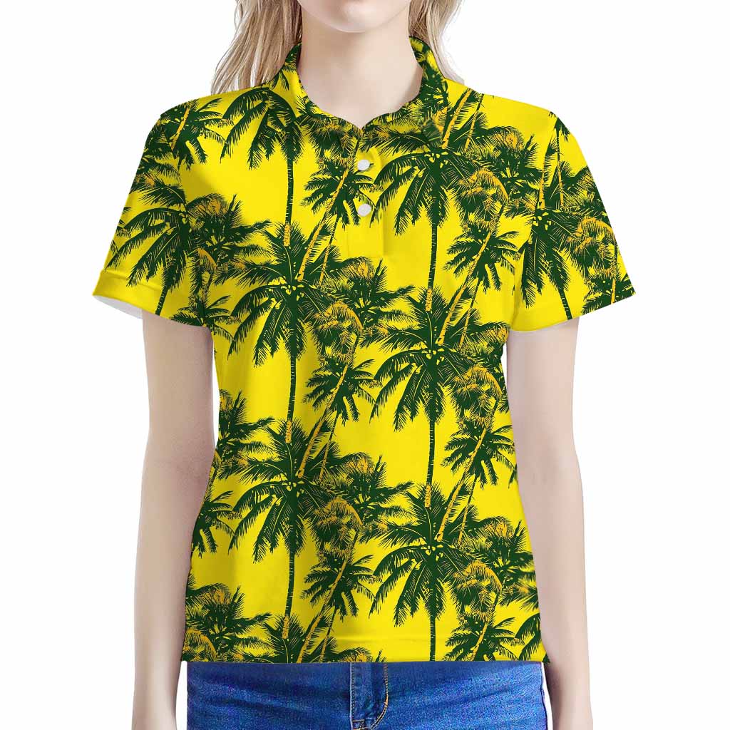 Yellow Palm Tree Pattern Print Women's Polo Shirt