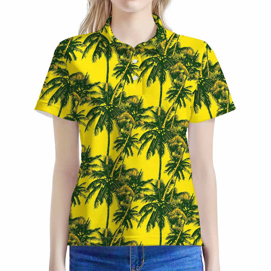 Yellow Palm Tree Pattern Print Women's Polo Shirt
