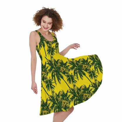 Yellow Palm Tree Pattern Print Women's Sleeveless Dress