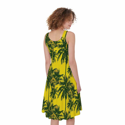 Yellow Palm Tree Pattern Print Women's Sleeveless Dress