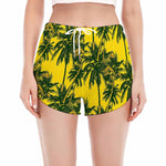 Yellow Palm Tree Pattern Print Women's Split Running Shorts