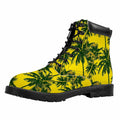 Yellow Palm Tree Pattern Print Padded Collar Lace Up Boots