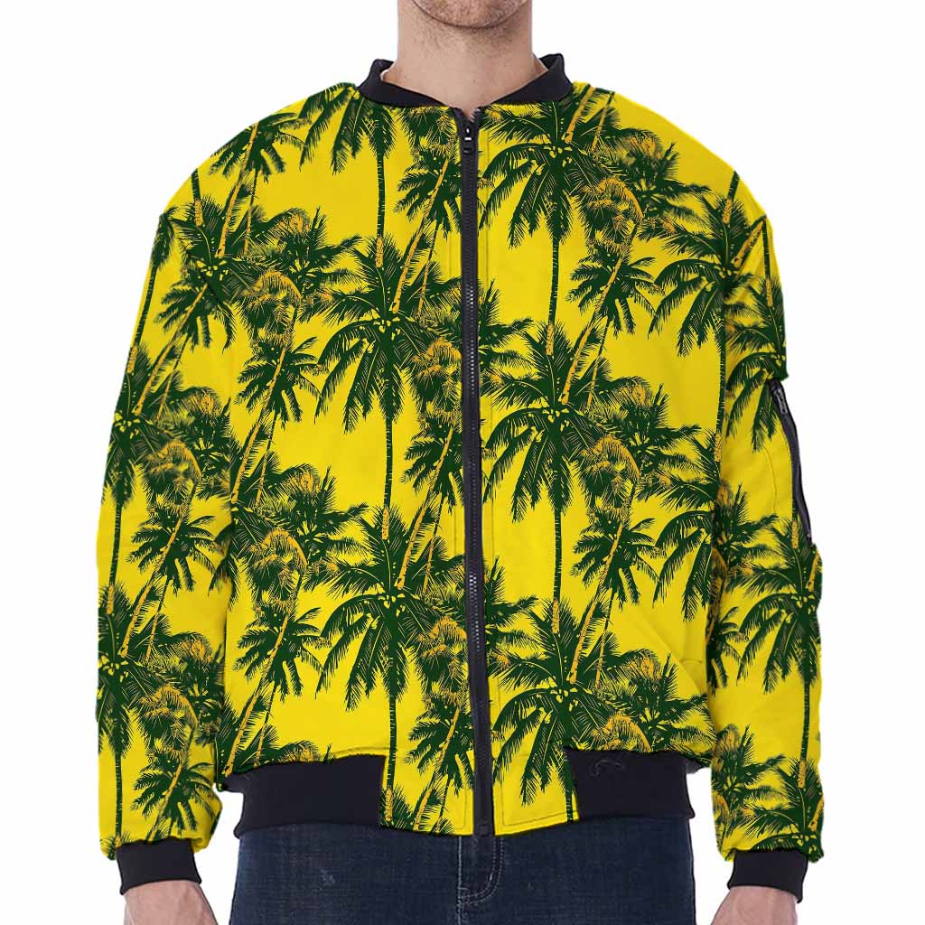 Yellow Palm Tree Pattern Print Zip Sleeve Bomber Jacket
