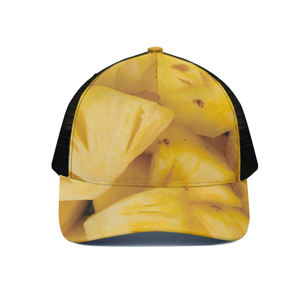 Yellow Pineapple Pieces Print Black Mesh Trucker Cap