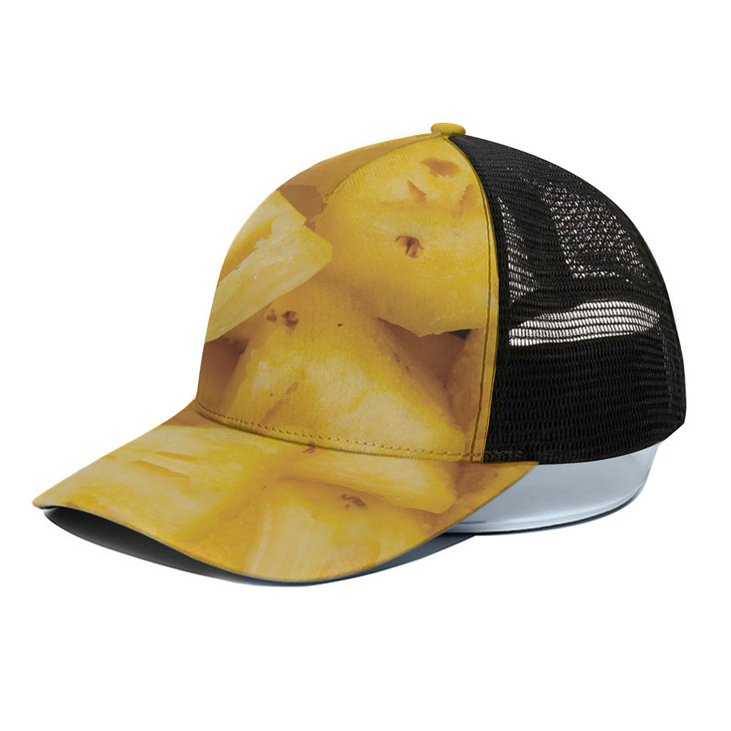 Yellow Pineapple Pieces Print Black Mesh Trucker Cap