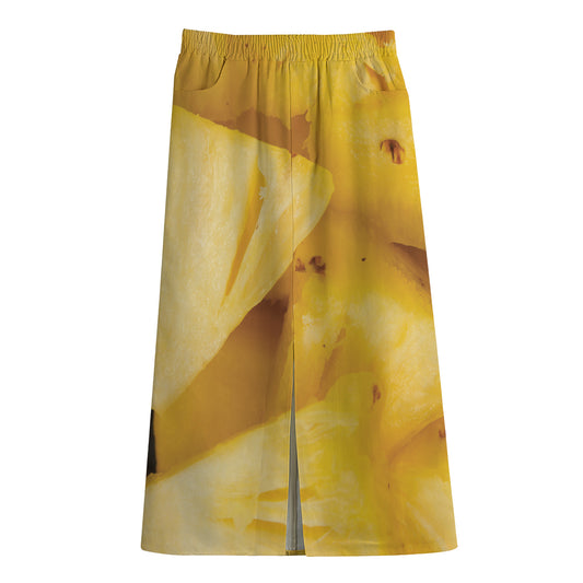 Yellow Pineapple Pieces Print Cotton Front Slit Maxi Skirt