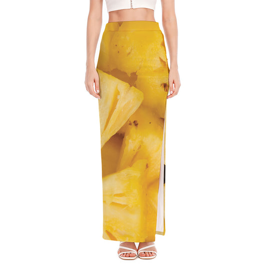 Yellow Pineapple Pieces Print High Slit Maxi Skirt