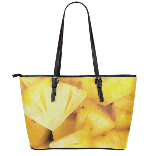 Yellow Pineapple Pieces Print Leather Tote Bag