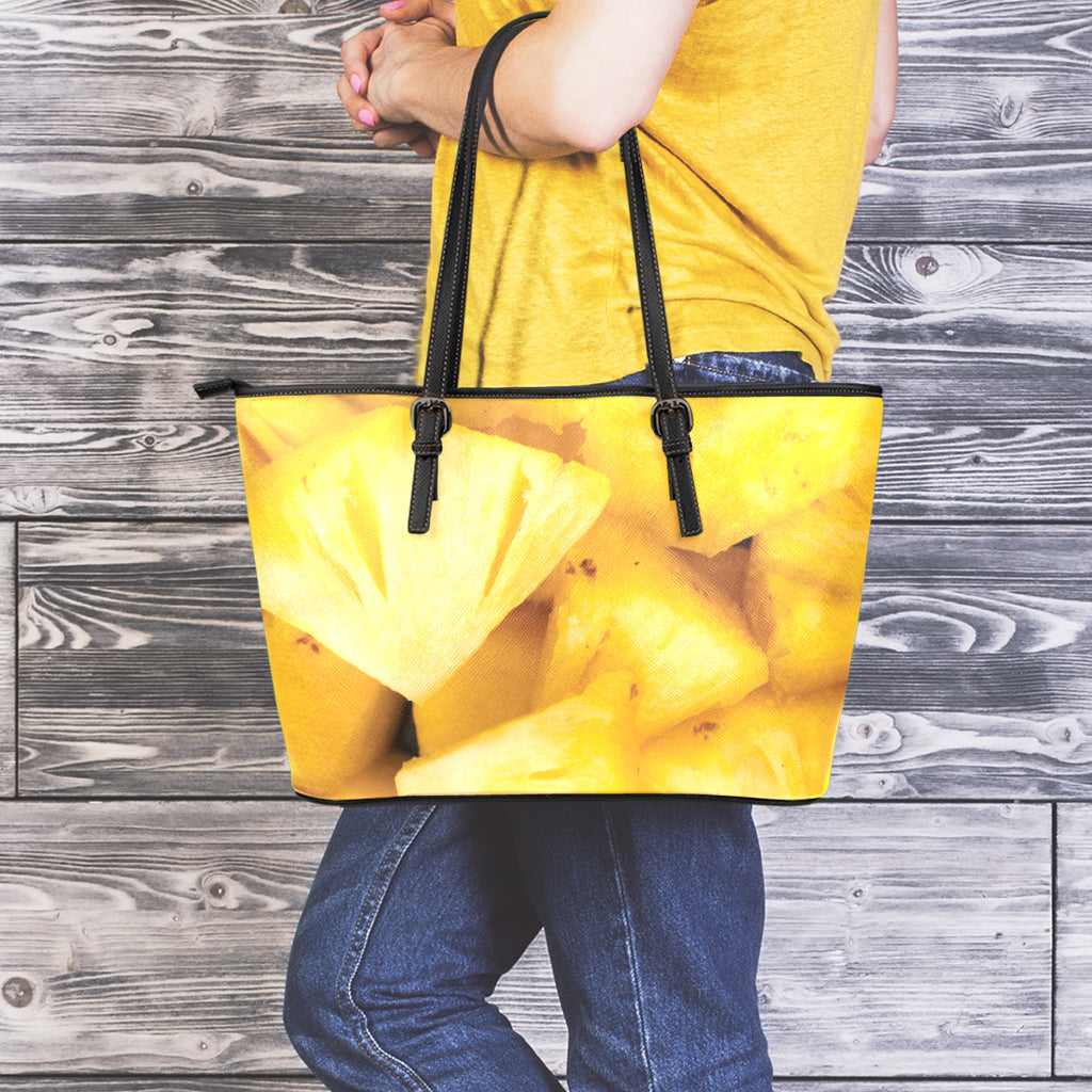 Yellow Pineapple Pieces Print Leather Tote Bag