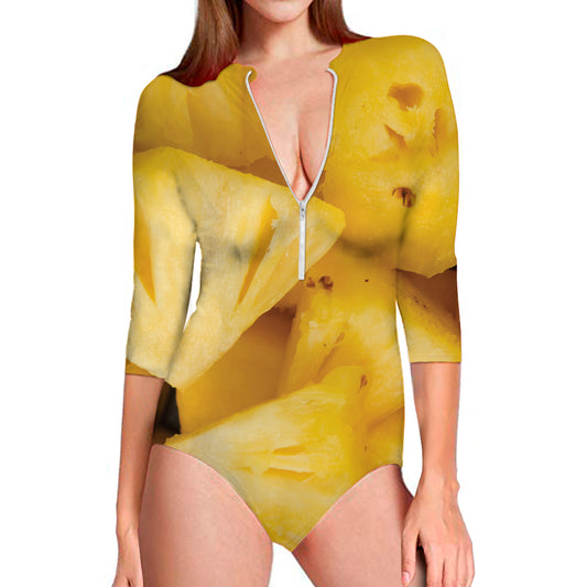 Yellow Pineapple Pieces Print Long Sleeve Swimsuit
