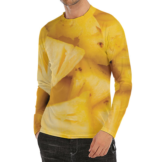 Yellow Pineapple Pieces Print Men's Long Sleeve Rash Guard