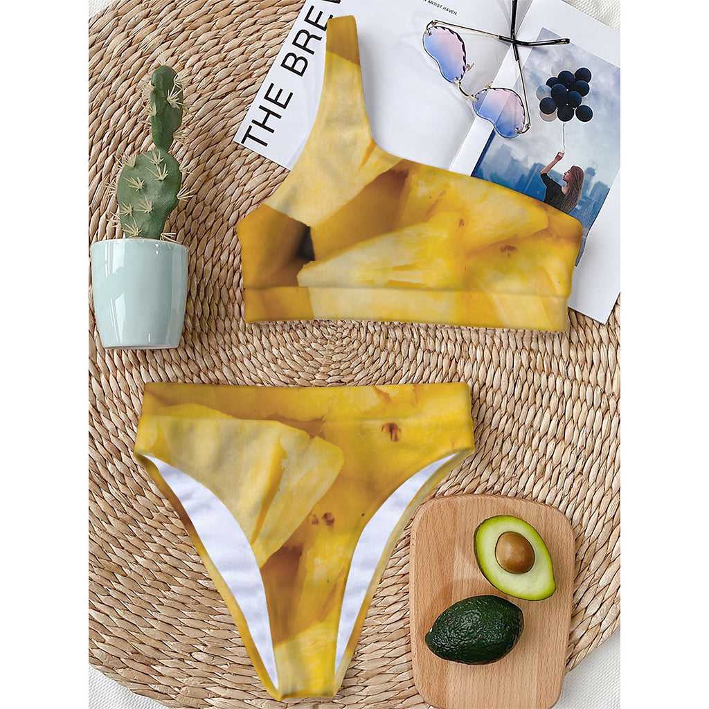 Yellow Pineapple Pieces Print One Shoulder Bikini Top