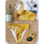 Yellow Pineapple Pieces Print One Shoulder Bikini Top