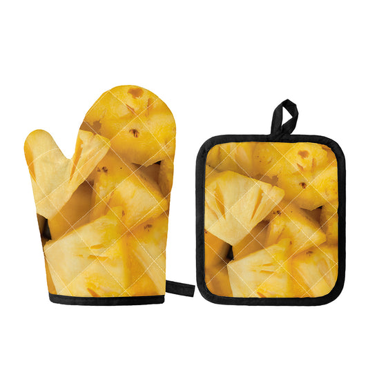 Yellow Pineapple Pieces Print Oven Mitt And Pot Holder Set