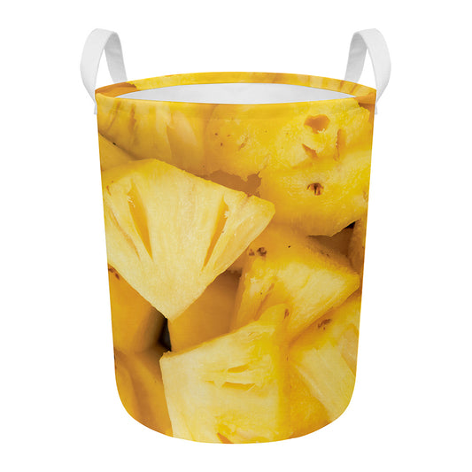 Yellow Pineapple Pieces Print Round Laundry Basket
