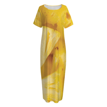 Yellow Pineapple Pieces Print Short Sleeve Long Nightdress