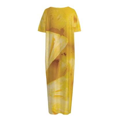 Yellow Pineapple Pieces Print Short Sleeve Long Nightdress