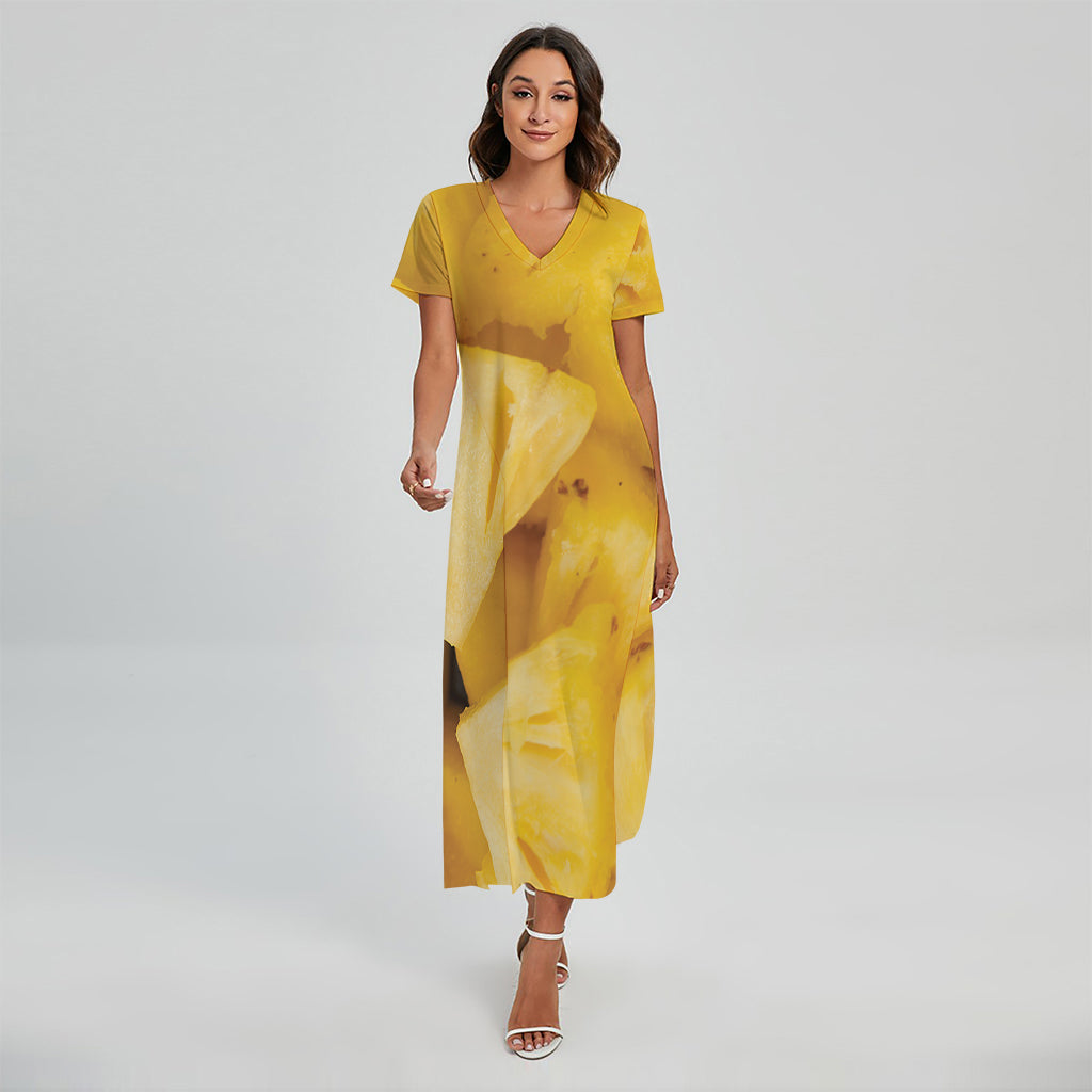 Yellow Pineapple Pieces Print Short Sleeve Maxi Dress