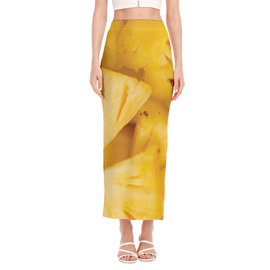 Yellow Pineapple Pieces Print Side Slit Maxi Skirt