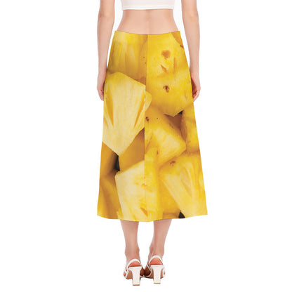 Yellow Pineapple Pieces Print Side Slit Midi Skirt