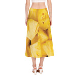 Yellow Pineapple Pieces Print Side Slit Midi Skirt