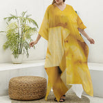 Yellow Pineapple Pieces Print Silk V-Neck Kaftan Dress