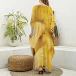 Yellow Pineapple Pieces Print Silk V-Neck Kaftan Dress