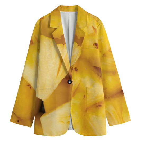 Yellow Pineapple Pieces Print Women's Cotton Blazer