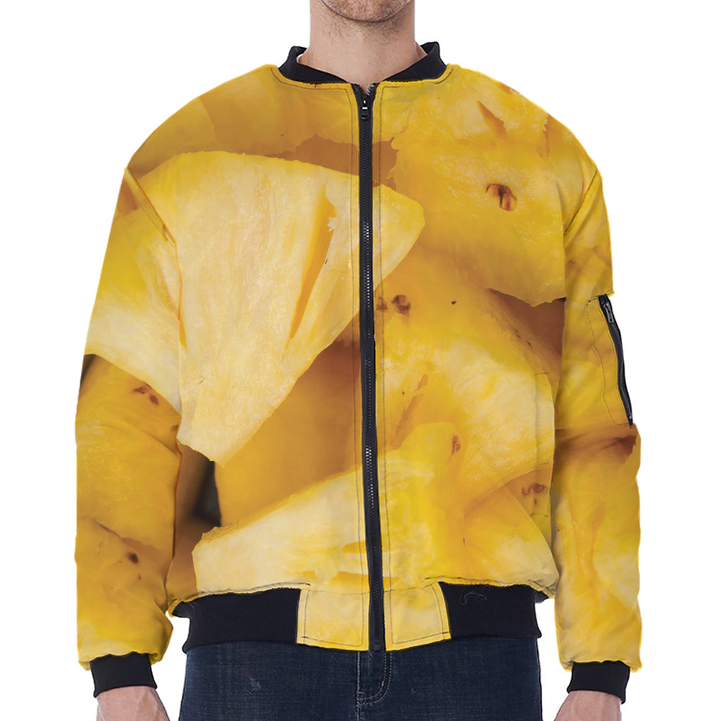 Yellow Pineapple Pieces Print Zip Sleeve Bomber Jacket