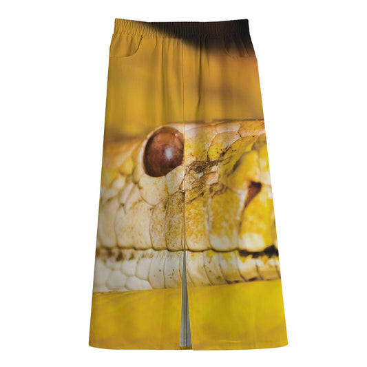 Yellow Python Snake Print Cotton Front Slit Maxi Skirt