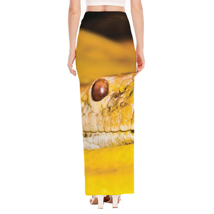 Yellow Python Snake Print High Slit Maxi Skirt