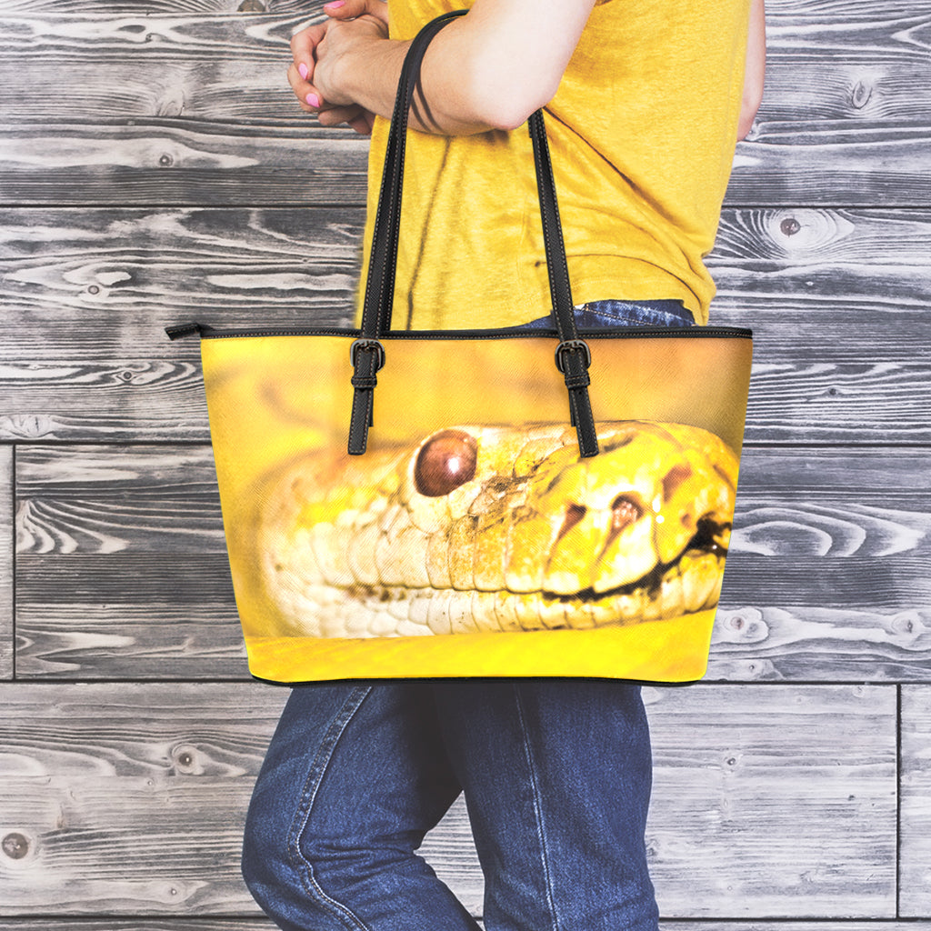Yellow Python Snake Print Leather Tote Bag