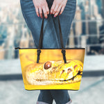 Yellow Python Snake Print Leather Tote Bag