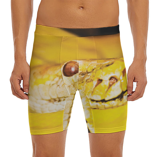 Yellow Python Snake Print Men's Long Boxer Briefs