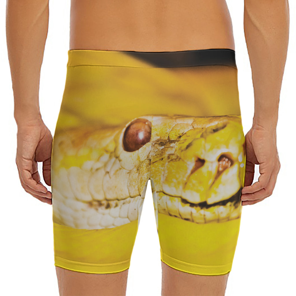Yellow Python Snake Print Men's Long Boxer Briefs