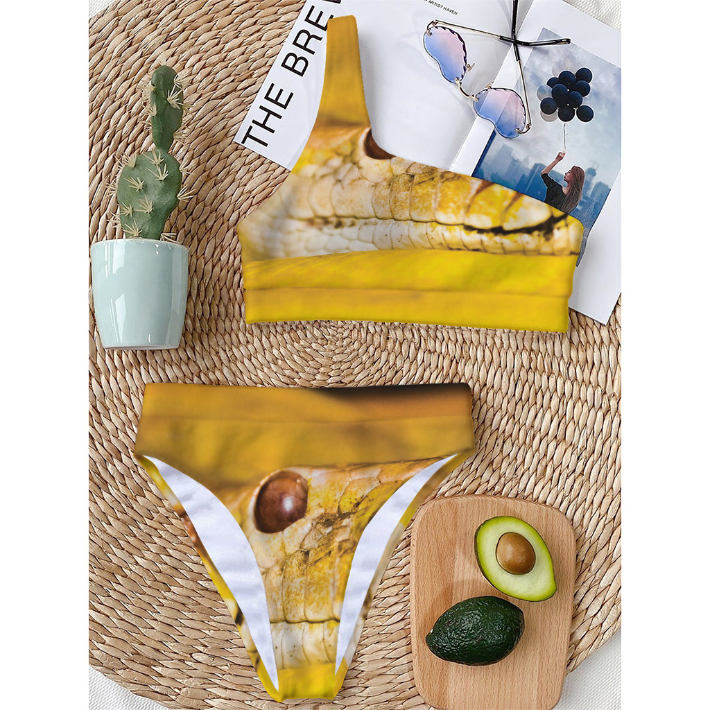 Yellow Python Snake Print One Shoulder Bikini Top